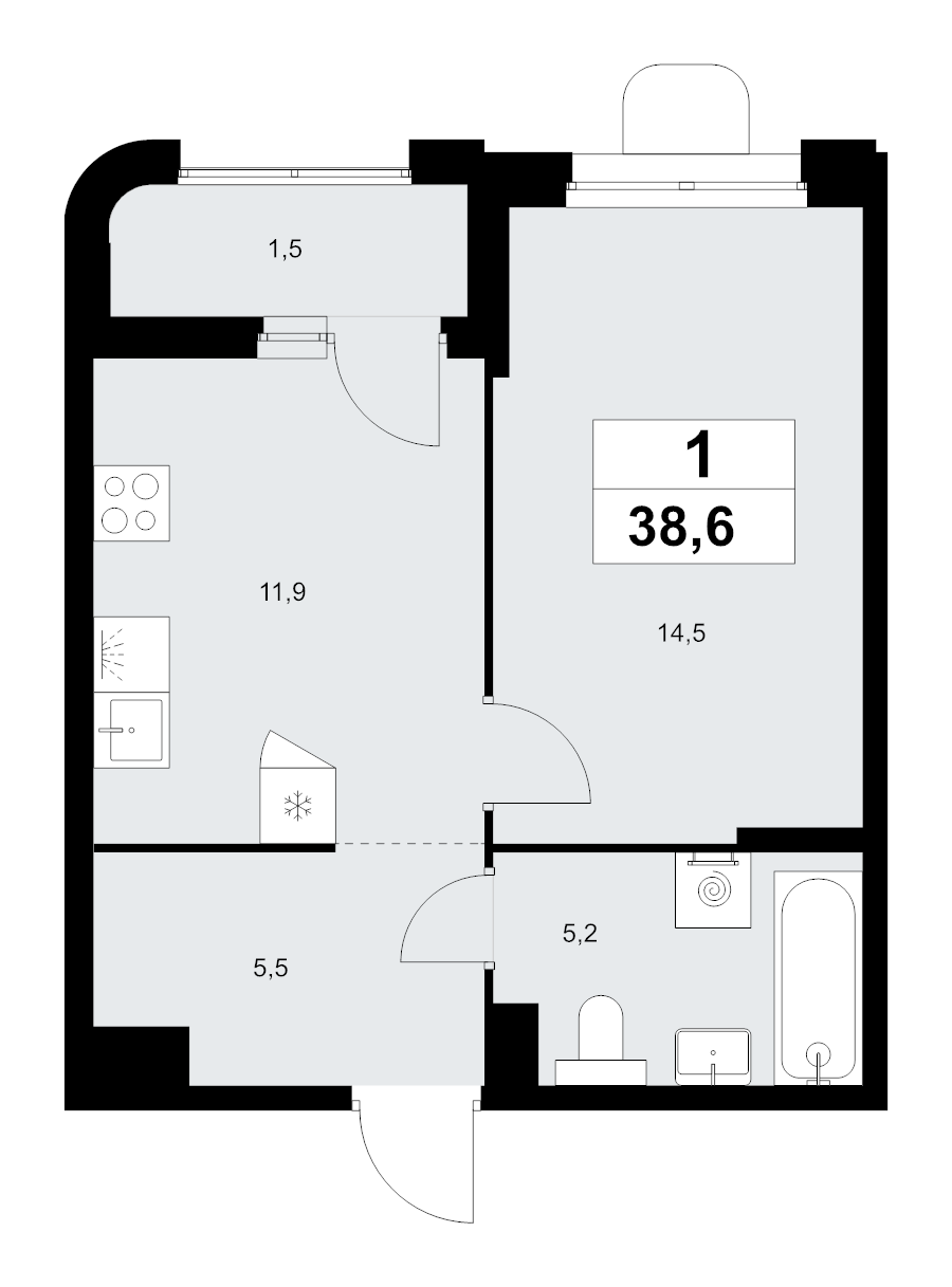 1 ккв 38,6 м²