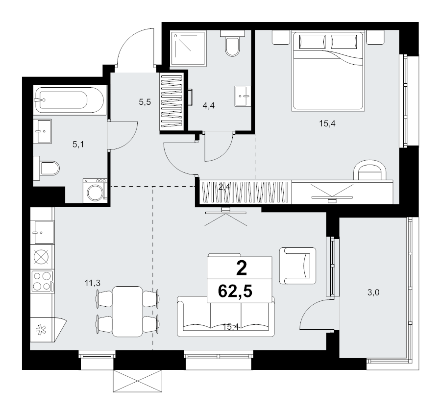 2 ккв (Евро) 62,5 м²
