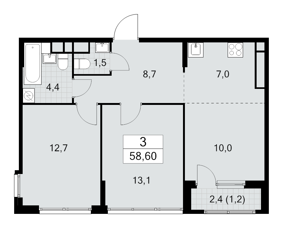 3 ккв (Евро) 58,6 м²