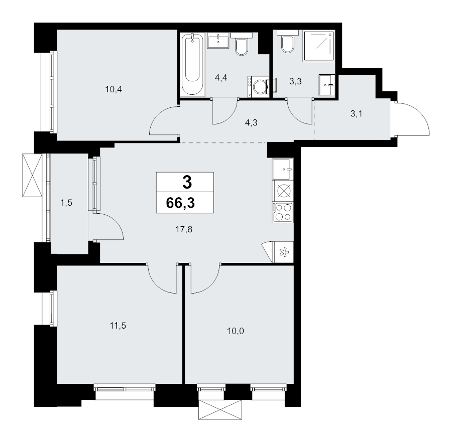 4 ккв (Евро) 66,3 м²