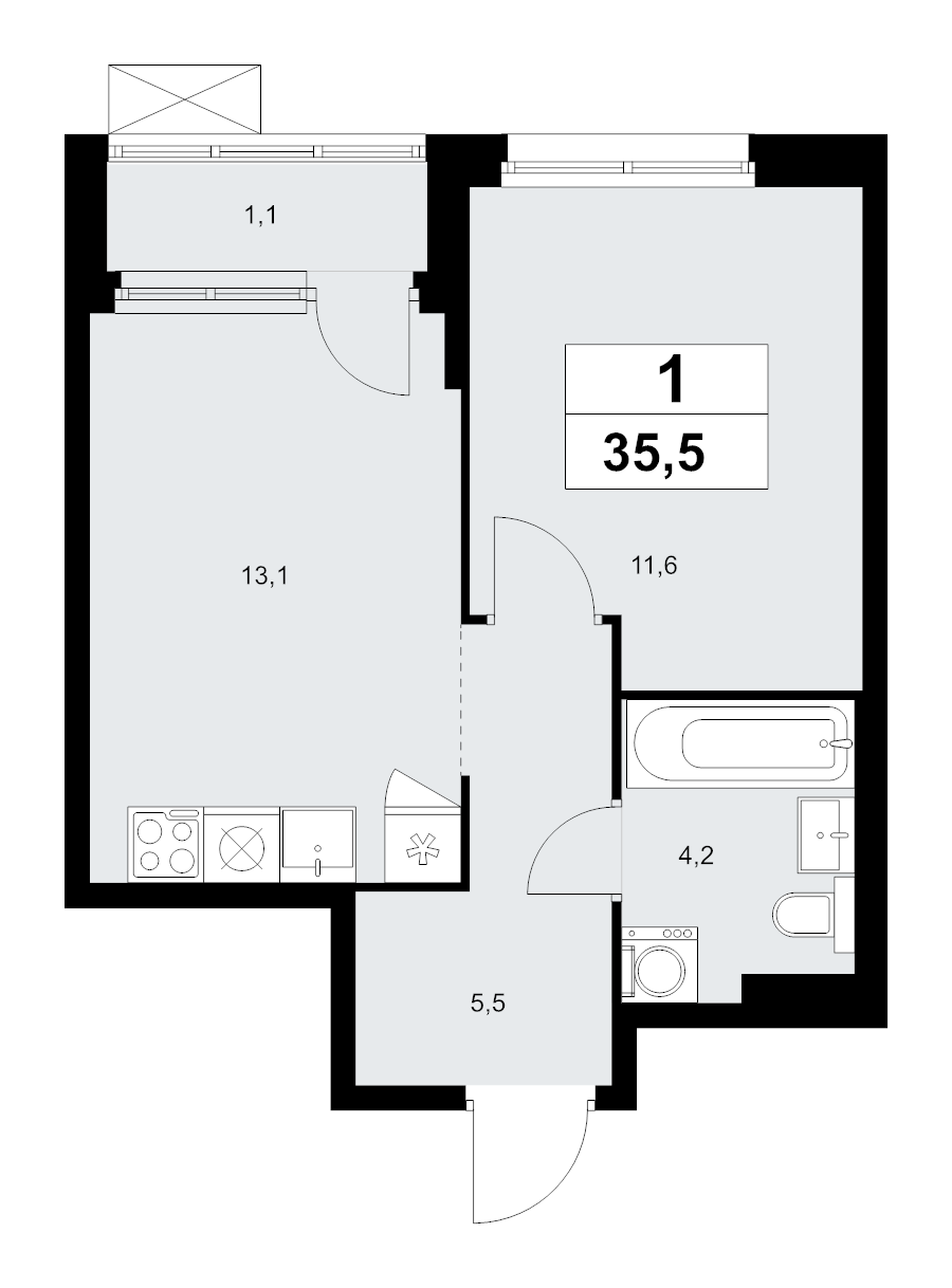 1 ккв 35,5 м²