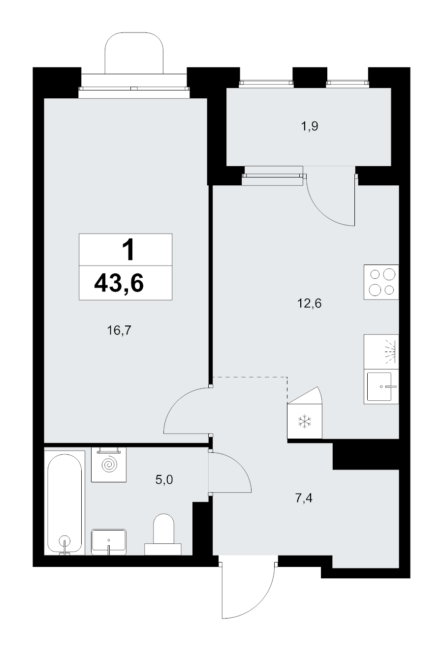 1 ккв 43,6 м²
