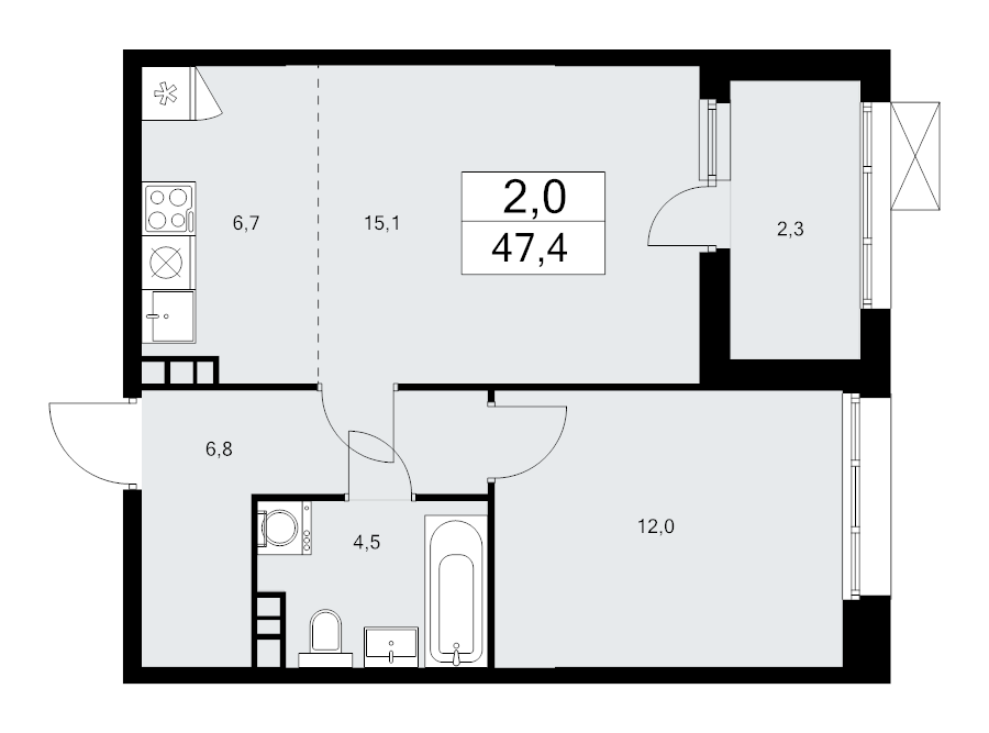 2 ккв (Евро) 47,2 м²