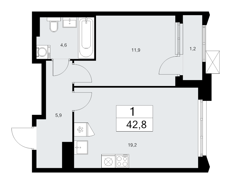 2 ккв (Евро) 42,8 м²