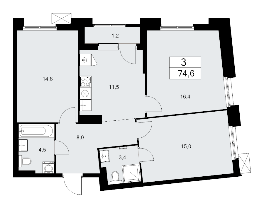 3 ккв 74,6 м²