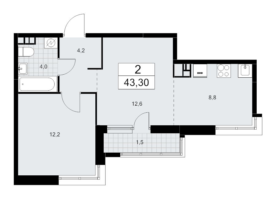 2 ккв (Евро) 43,3 м²