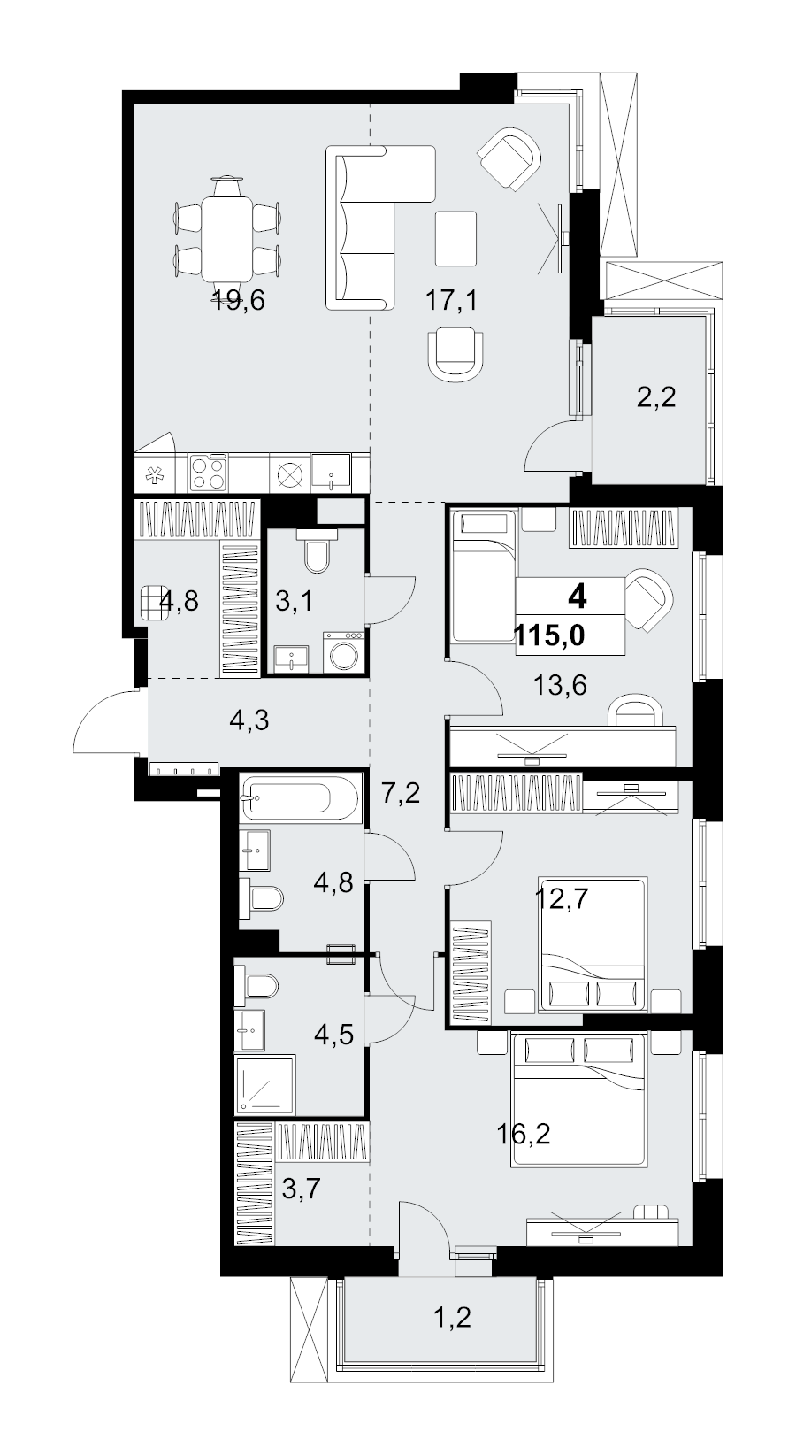 4 ккв (Евро) 115 м²
