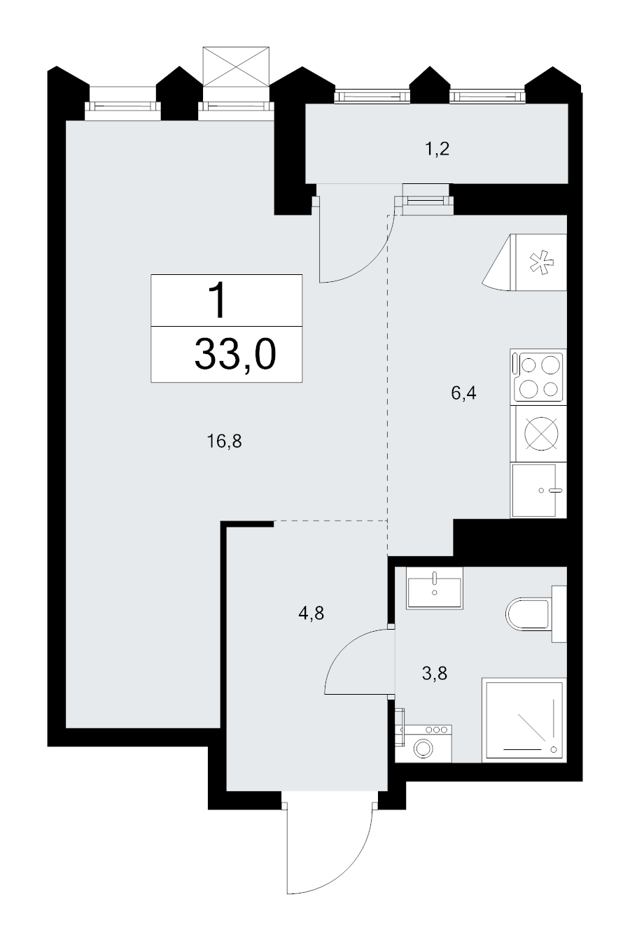 Студия 33 м²