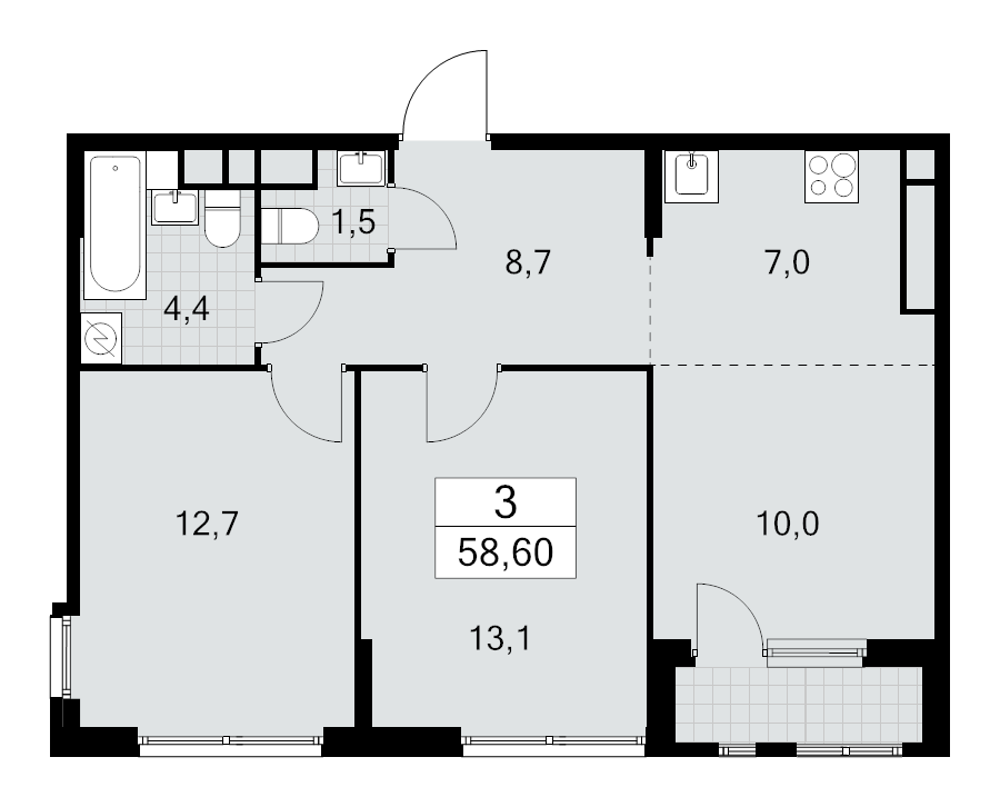 3 ккв (Евро) 58,6 м²