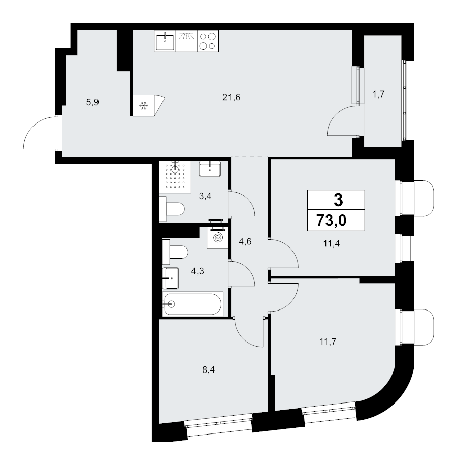 4 ккв (Евро) 73 м²
