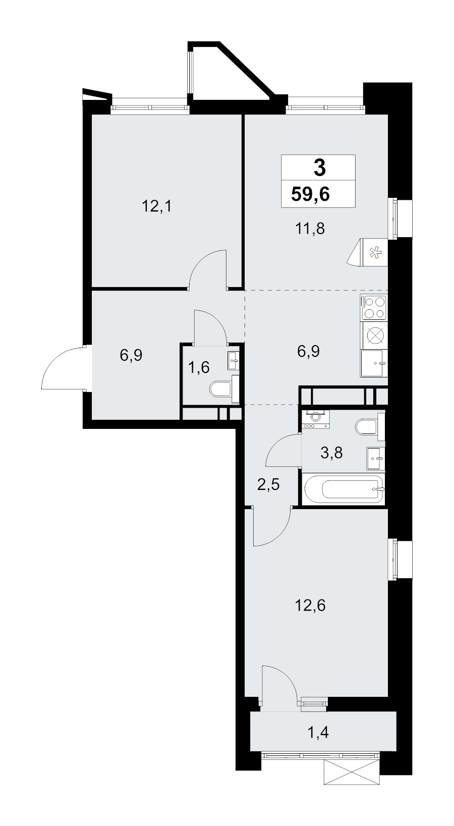 3 ккв (Евро) 59,6 м²