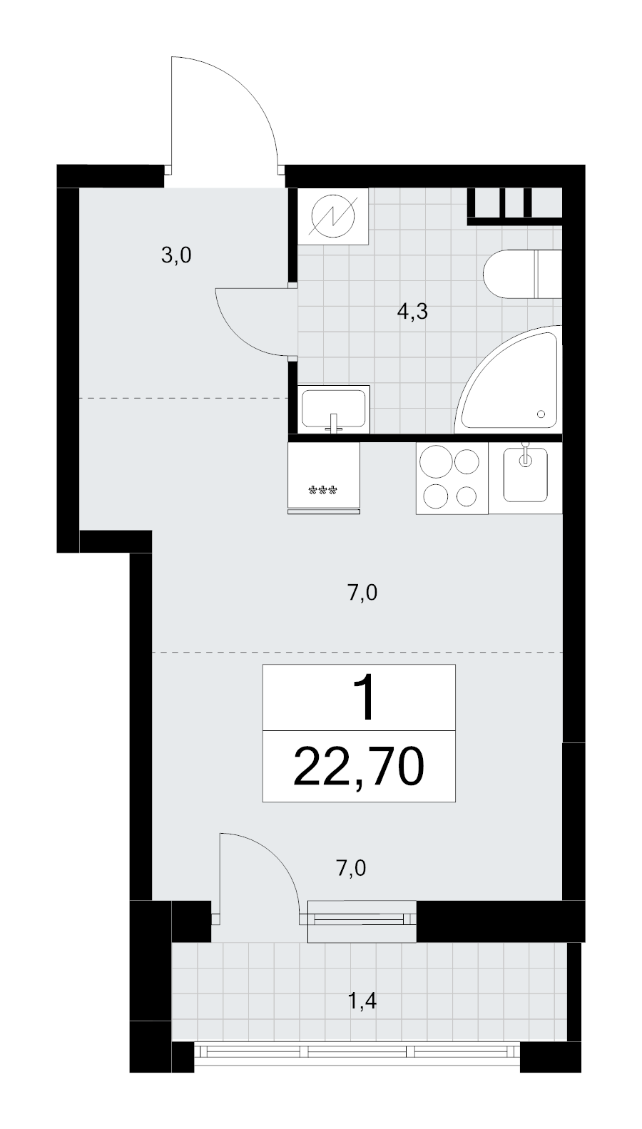 Студия 22,7 м²