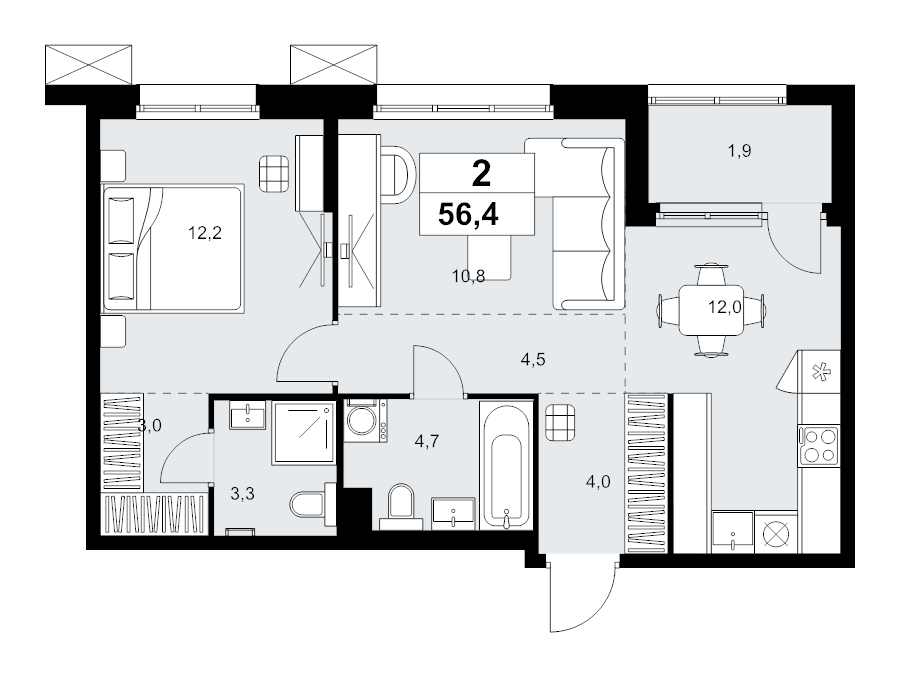 2 ккв (Евро) 56,4 м²