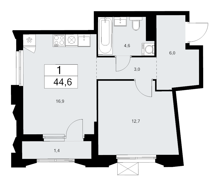 2 ккв (Евро) 44,6 м²