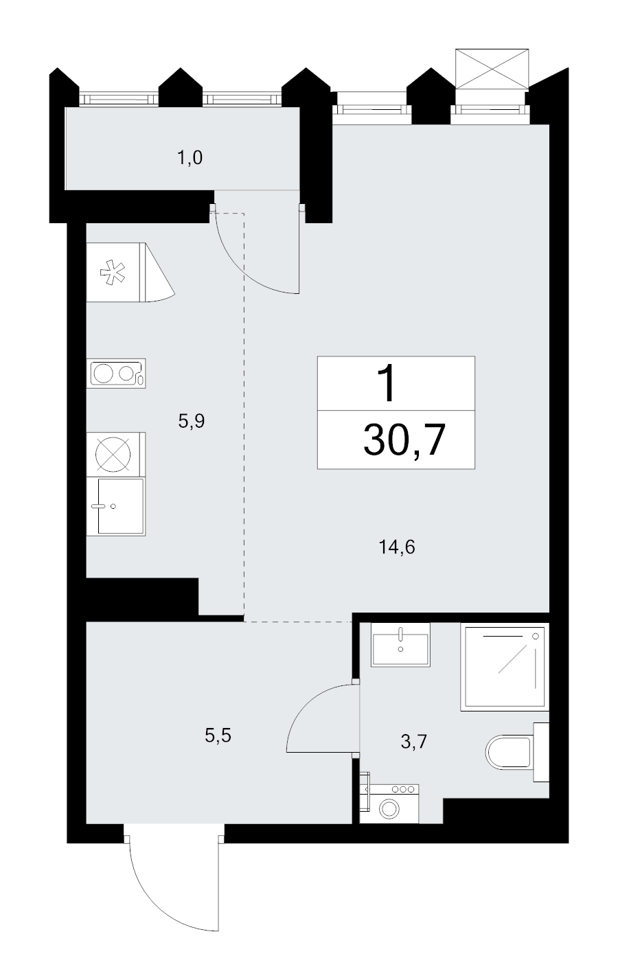 Студия 30,7 м²
