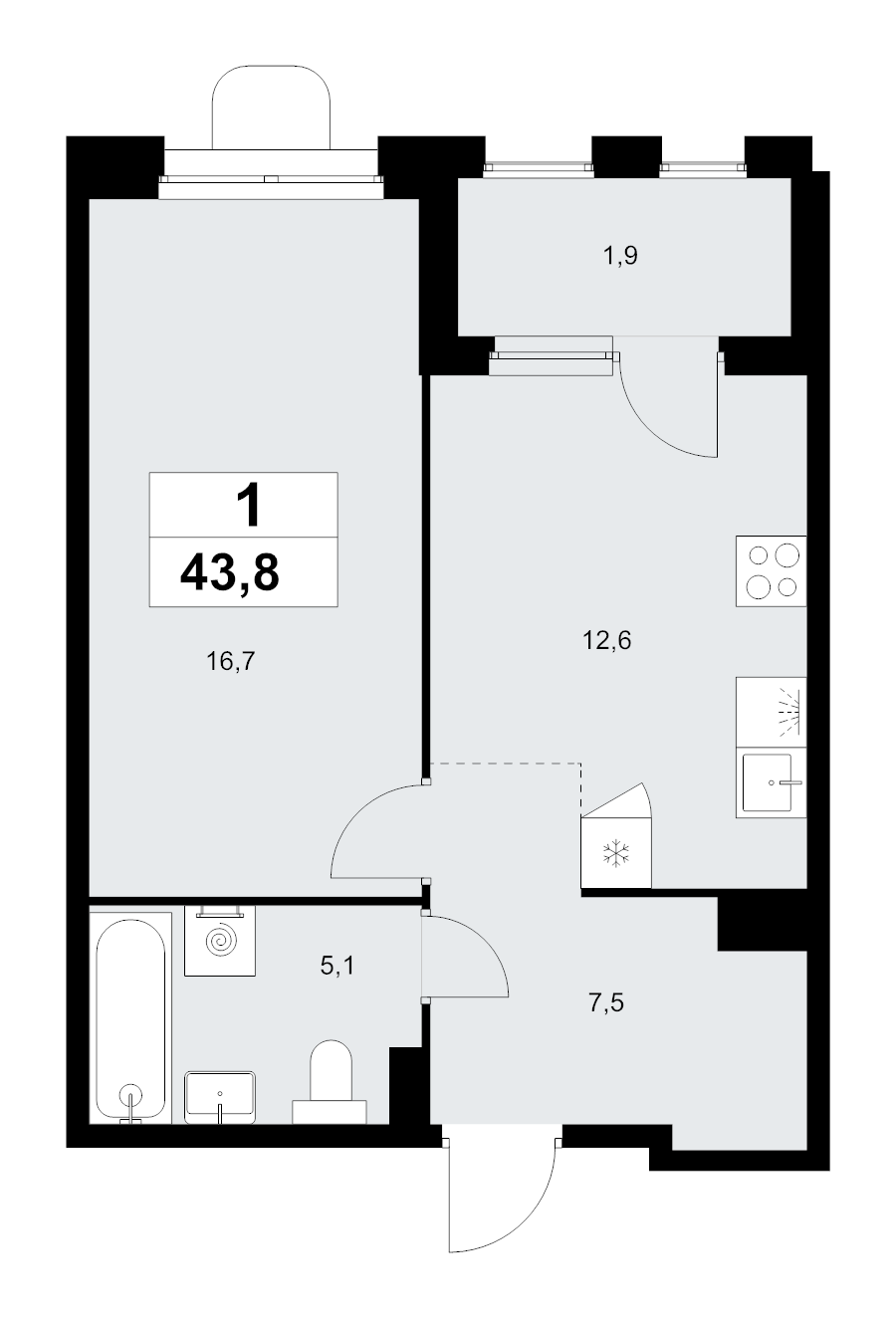1 ккв 43,8 м²