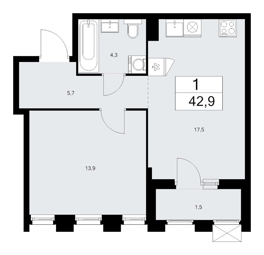 2 ккв (Евро) 42,9 м²