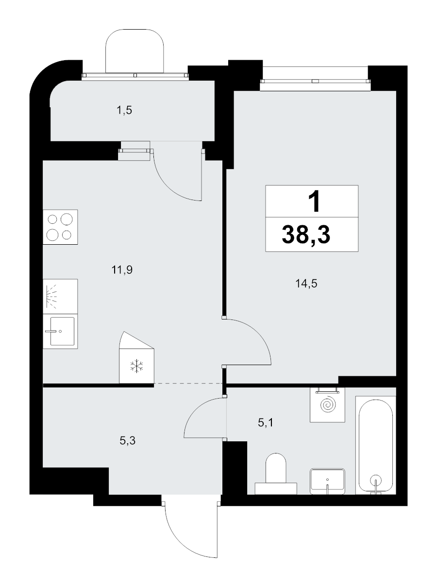 1 ккв 38,3 м²
