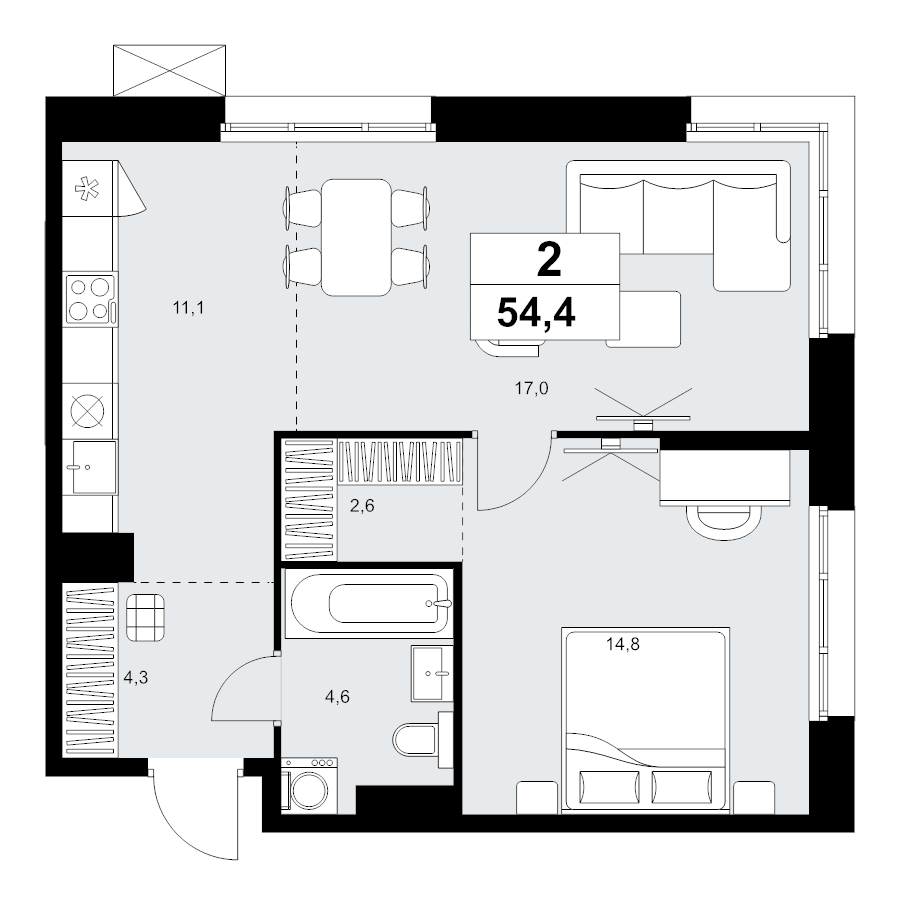2 ккв (Евро) 54,4 м²