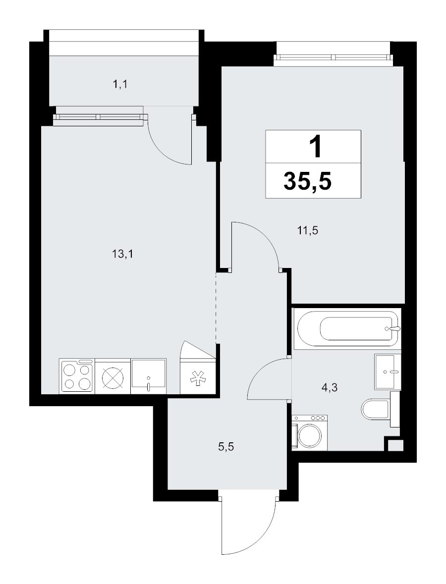 1 ккв 35,5 м²