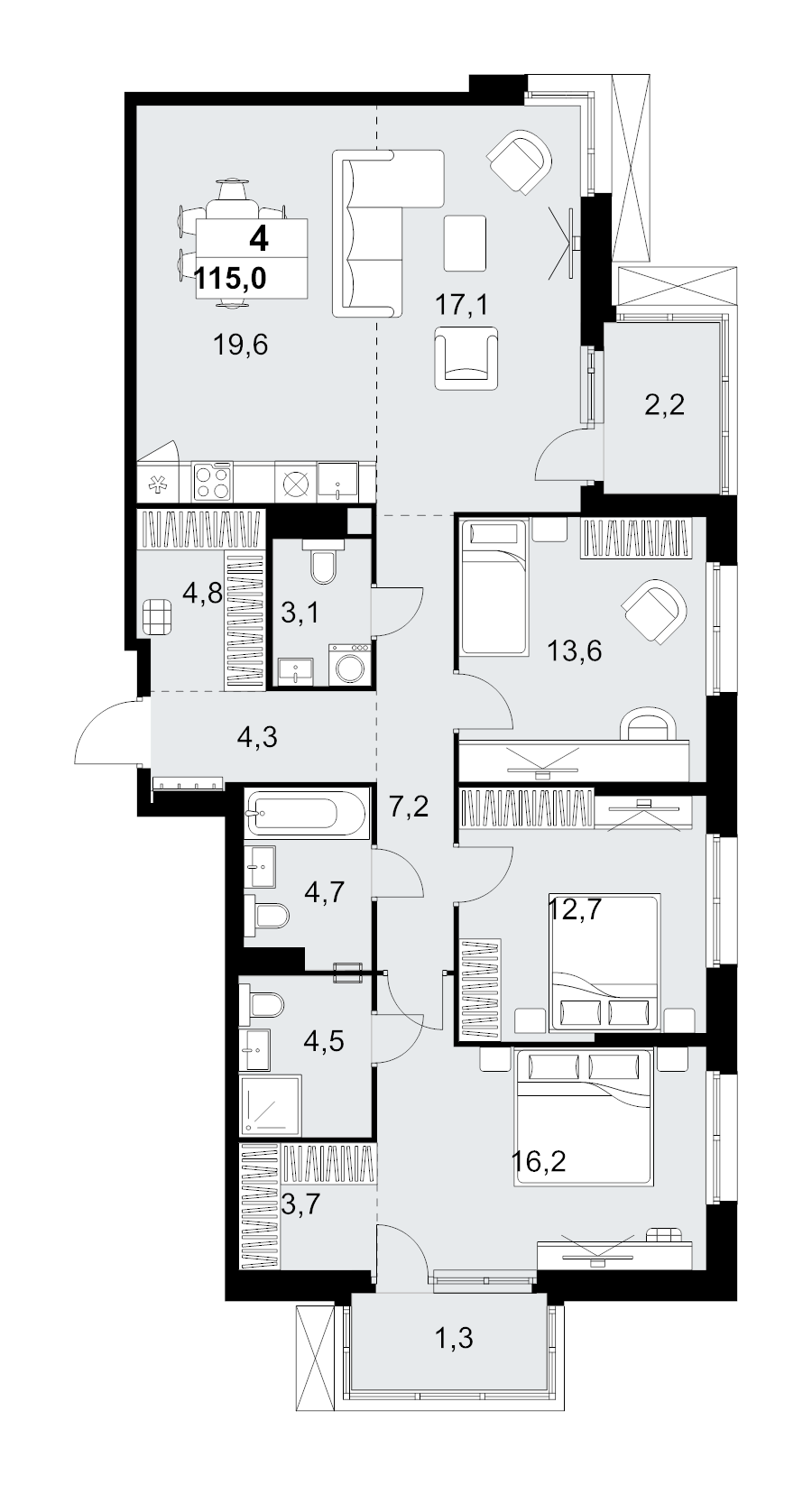 4 ккв (Евро) 115 м²