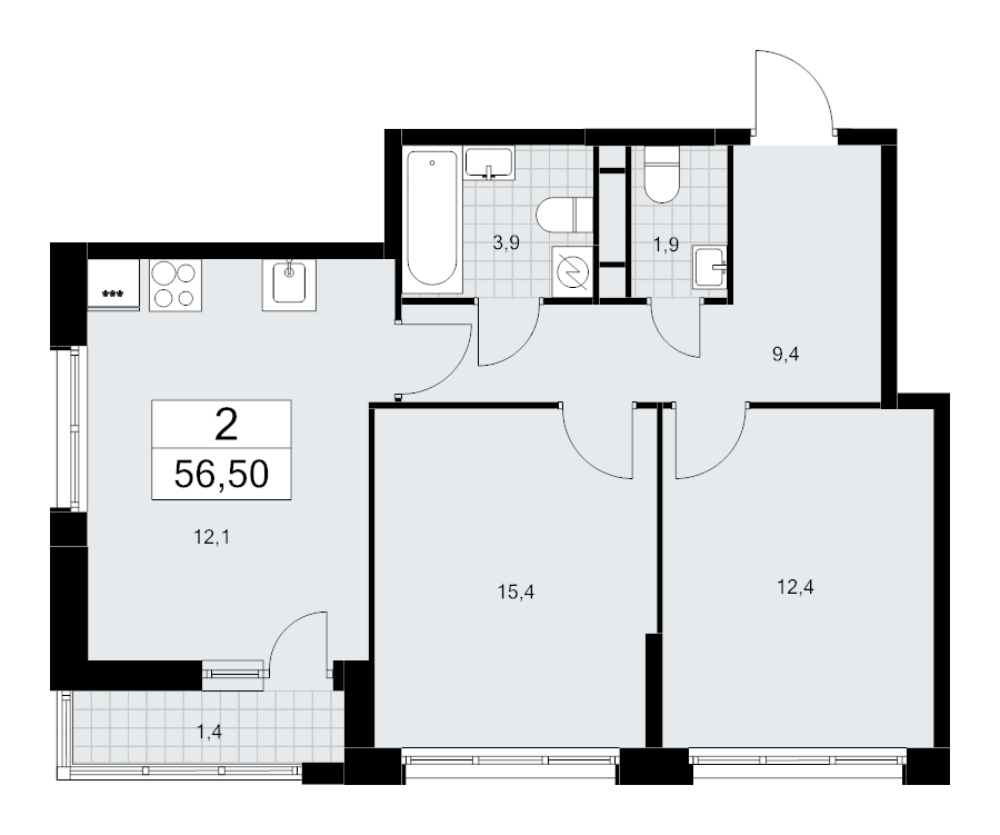 2 ккв 56,5 м²