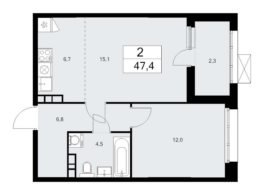 2 ккв (Евро) 47,2 м²