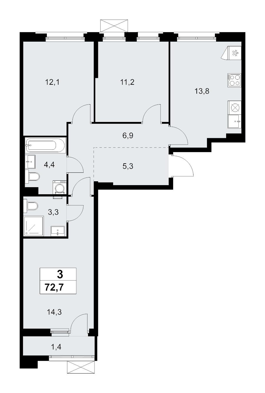 3 ккв 72,7 м²