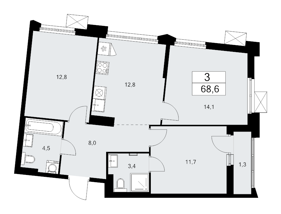 3 ккв 68,6 м²