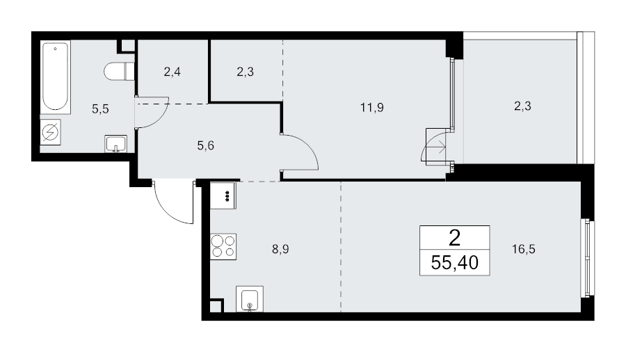 2 ккв (Евро) 55,4 м²