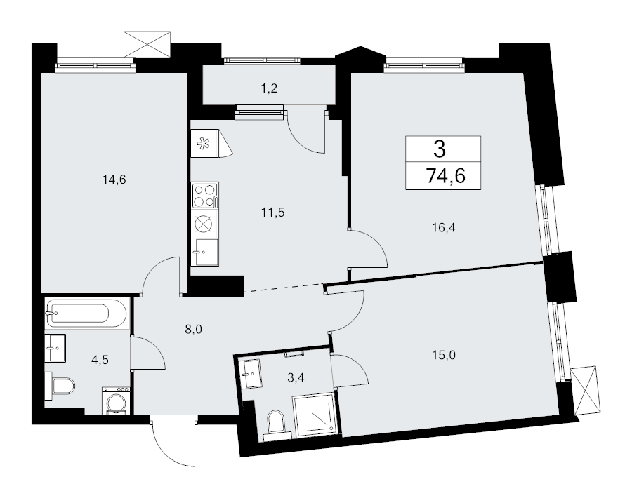 3 ккв 74,6 м²