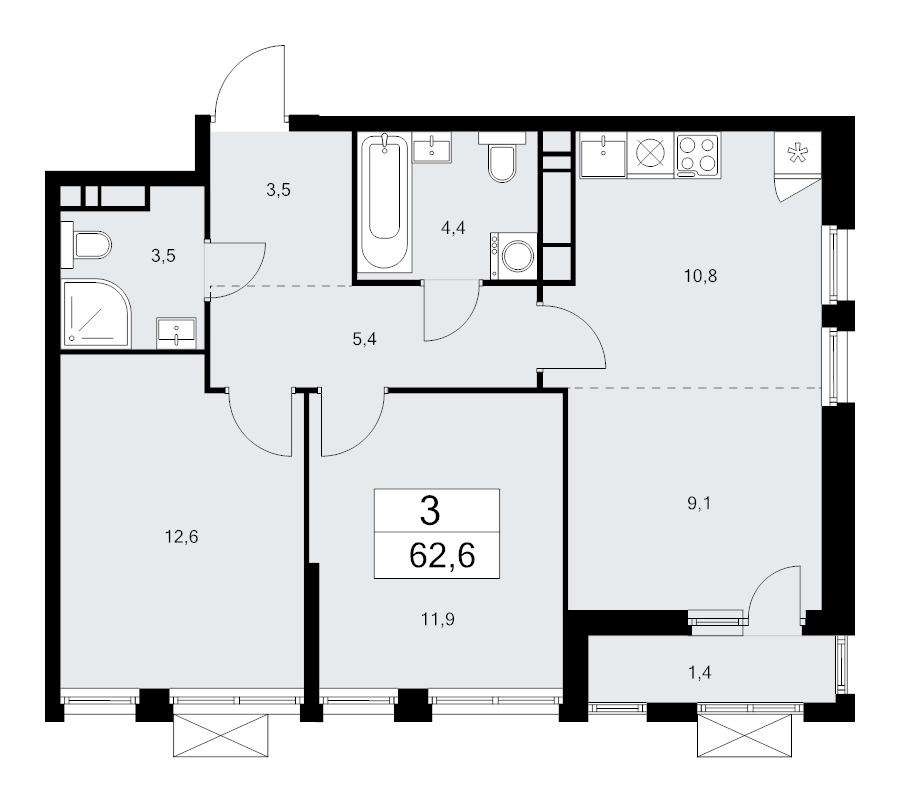 3 ккв (Евро) 62,6 м²
