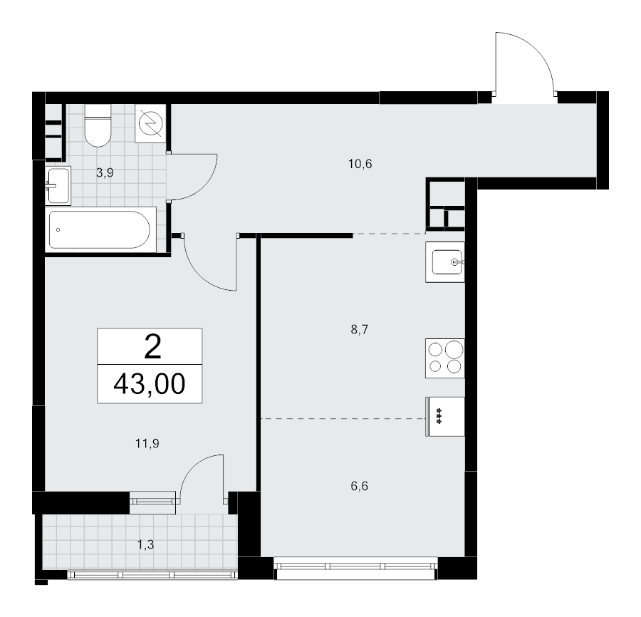 2 ккв (Евро) 43 м²