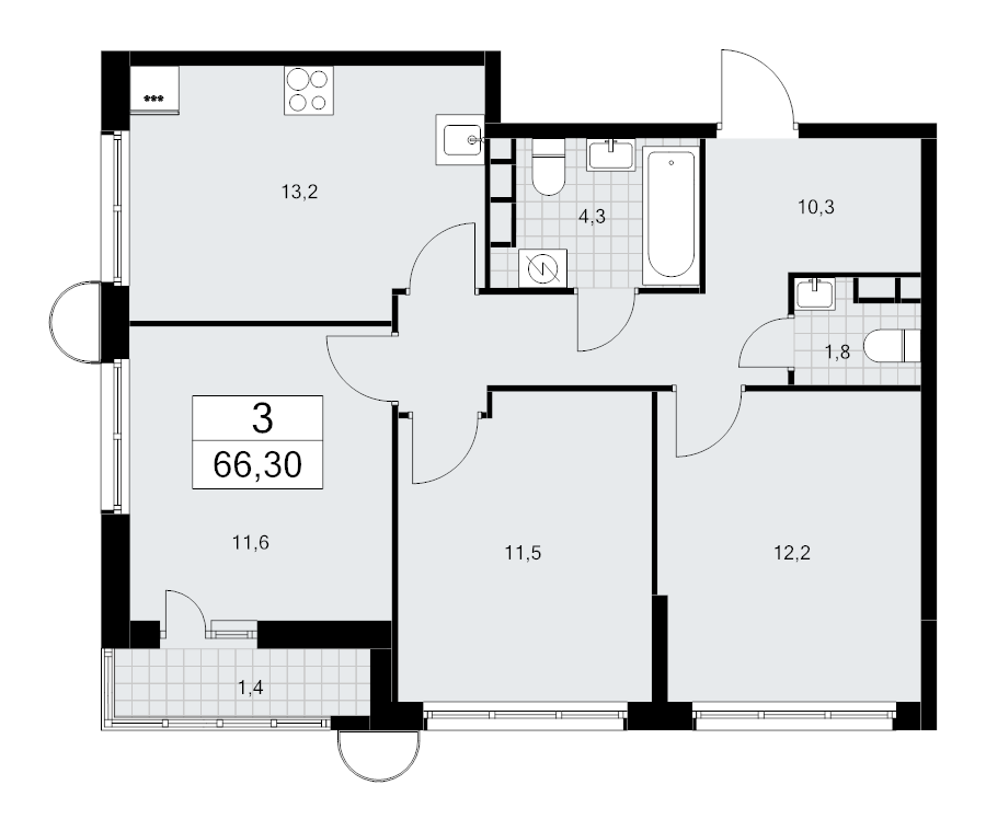 3 ккв 66,3 м²