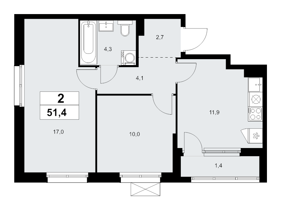 2 ккв 51,4 м²