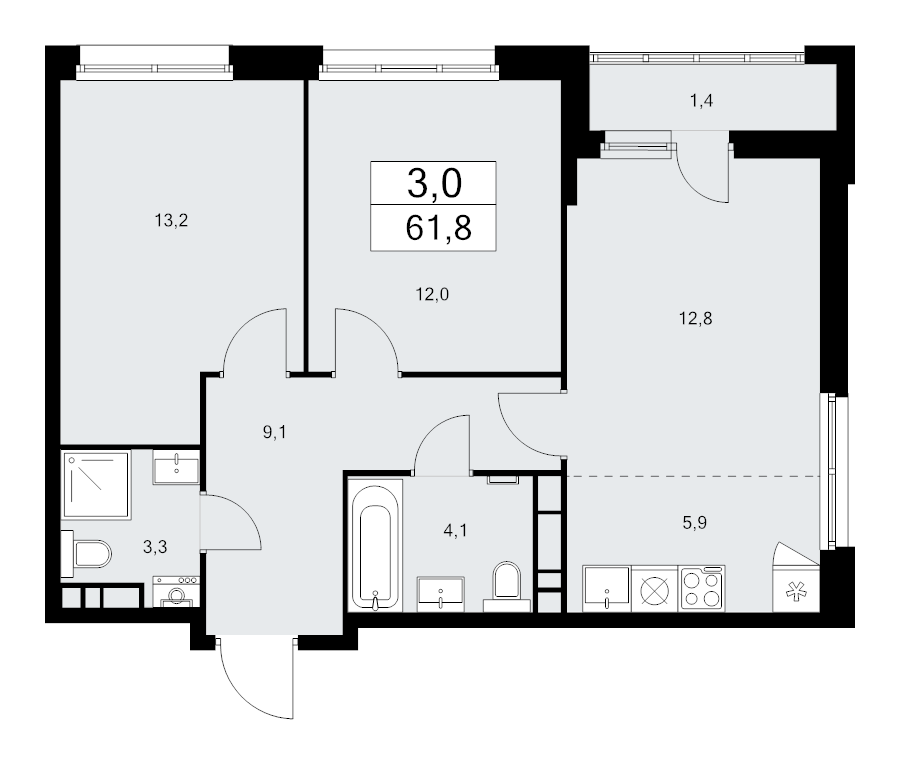 3 ккв (Евро) 61,8 м²