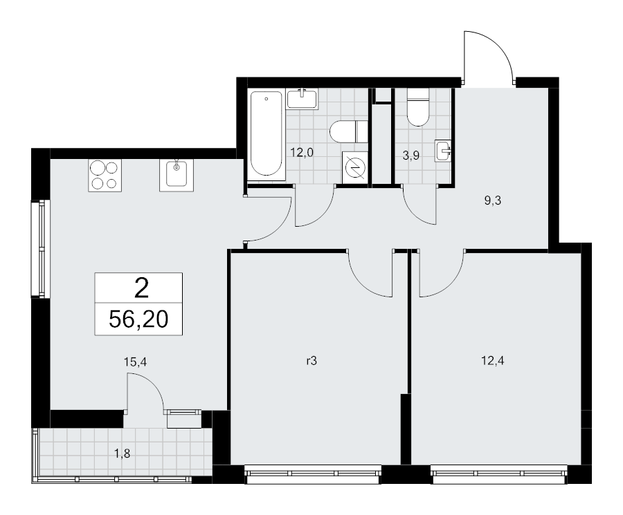 3 ккв (Евро) 56,2 м²