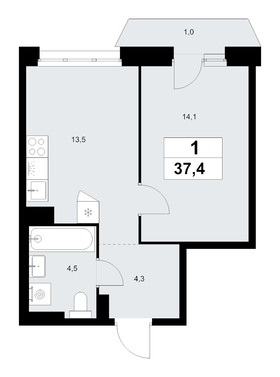 1 ккв 37,4 м²