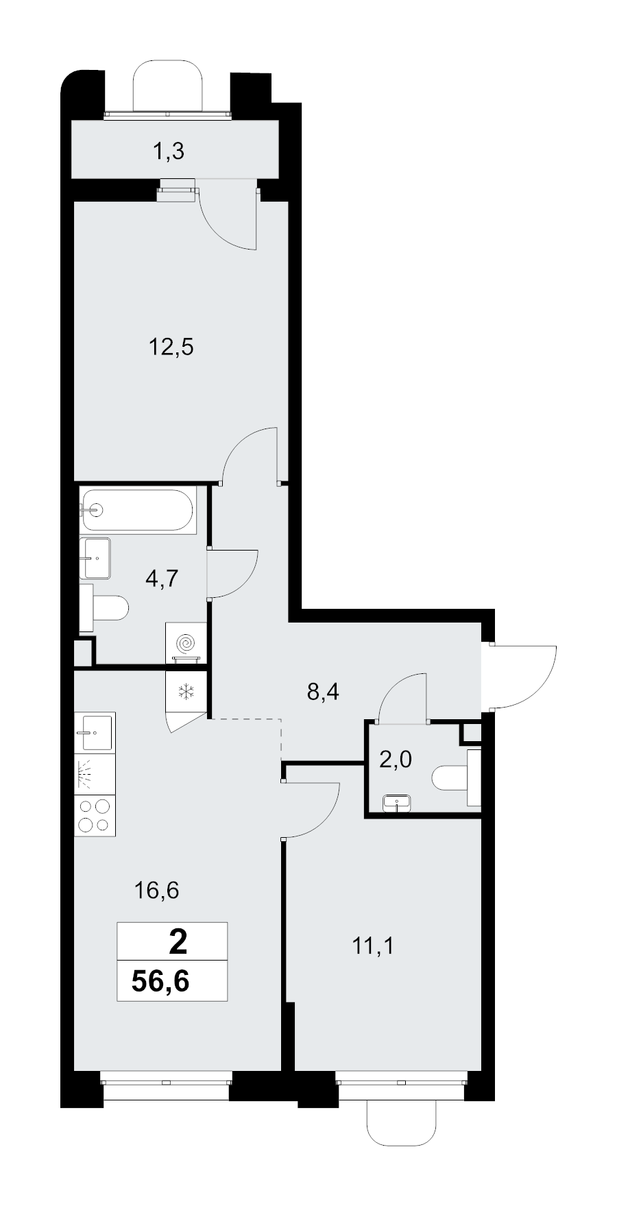 3 ккв (Евро) 56,6 м²