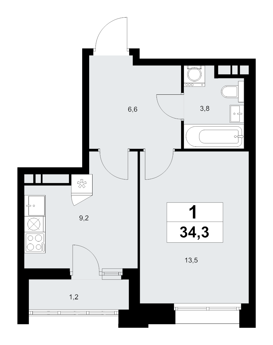 1 ккв 34,3 м²