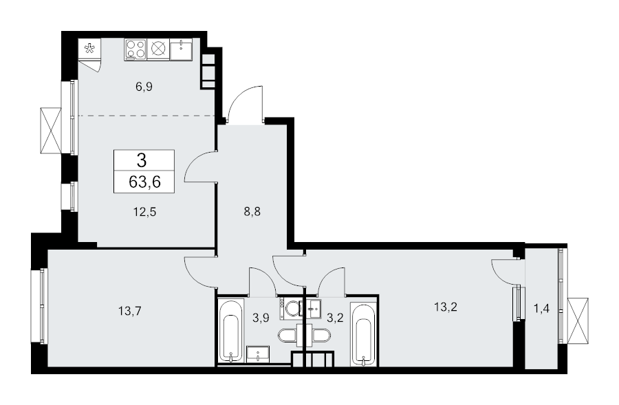3 ккв (Евро) 63,6 м²