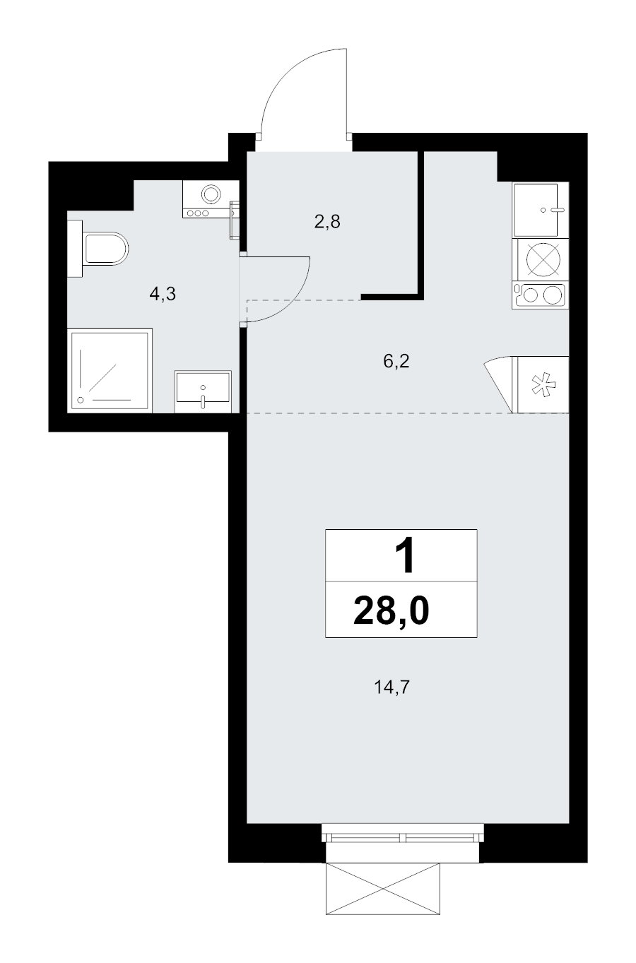 Студия 28 м²
