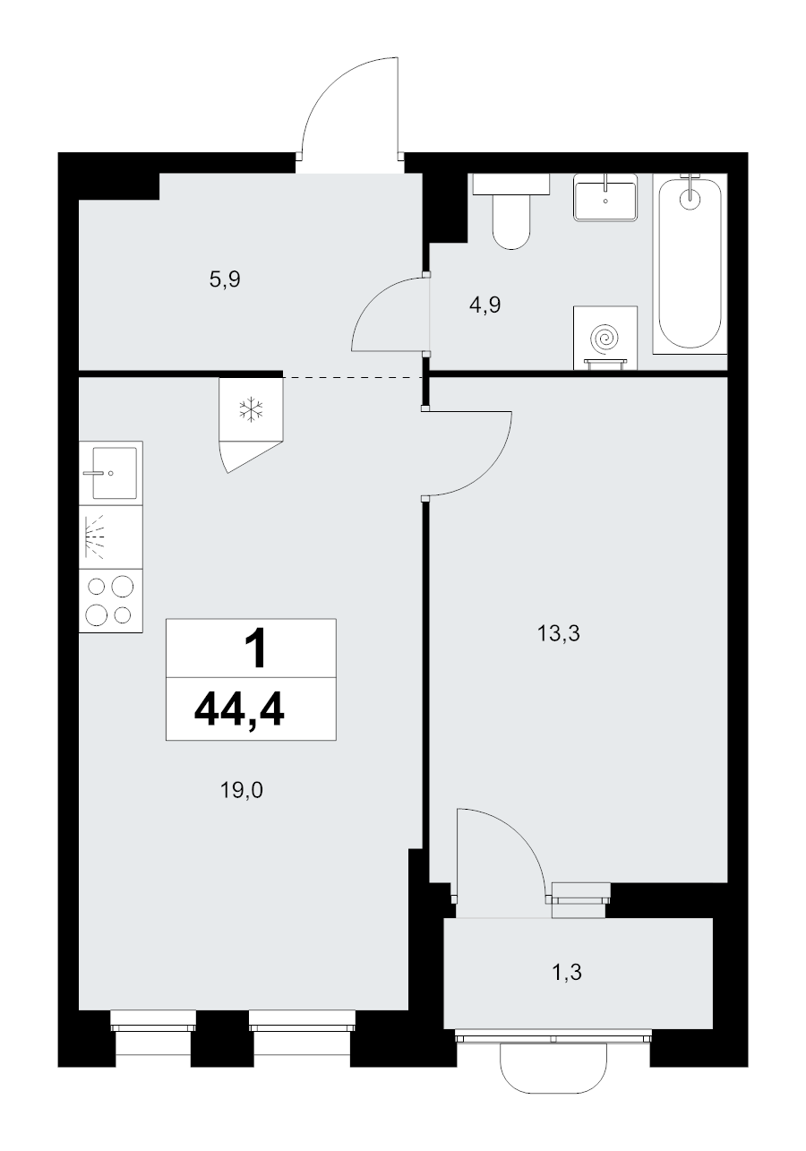 2 ккв (Евро) 44,4 м²