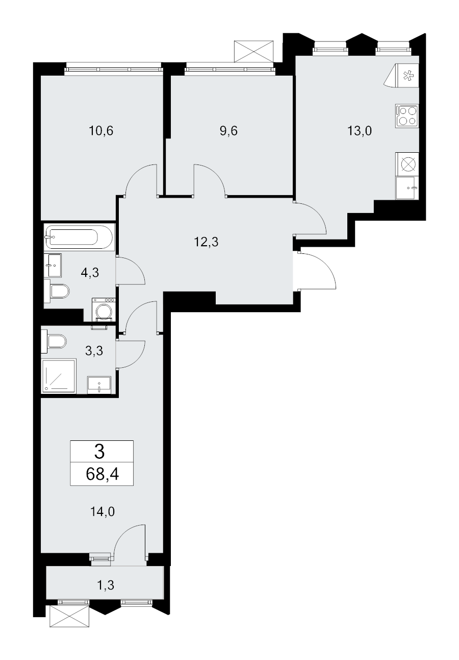 3 ккв 68,4 м²