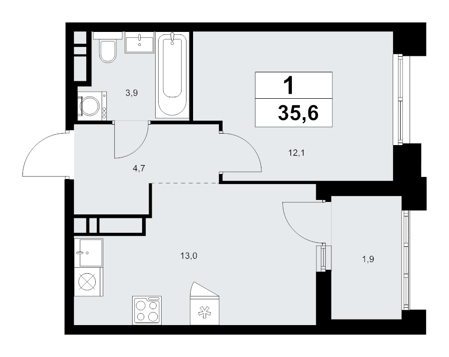 1 ккв 35,6 м²