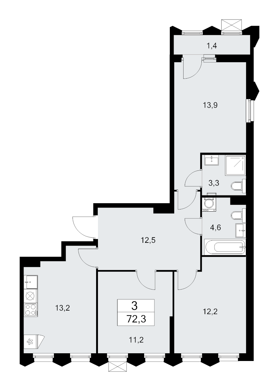 3 ккв 72,3 м²