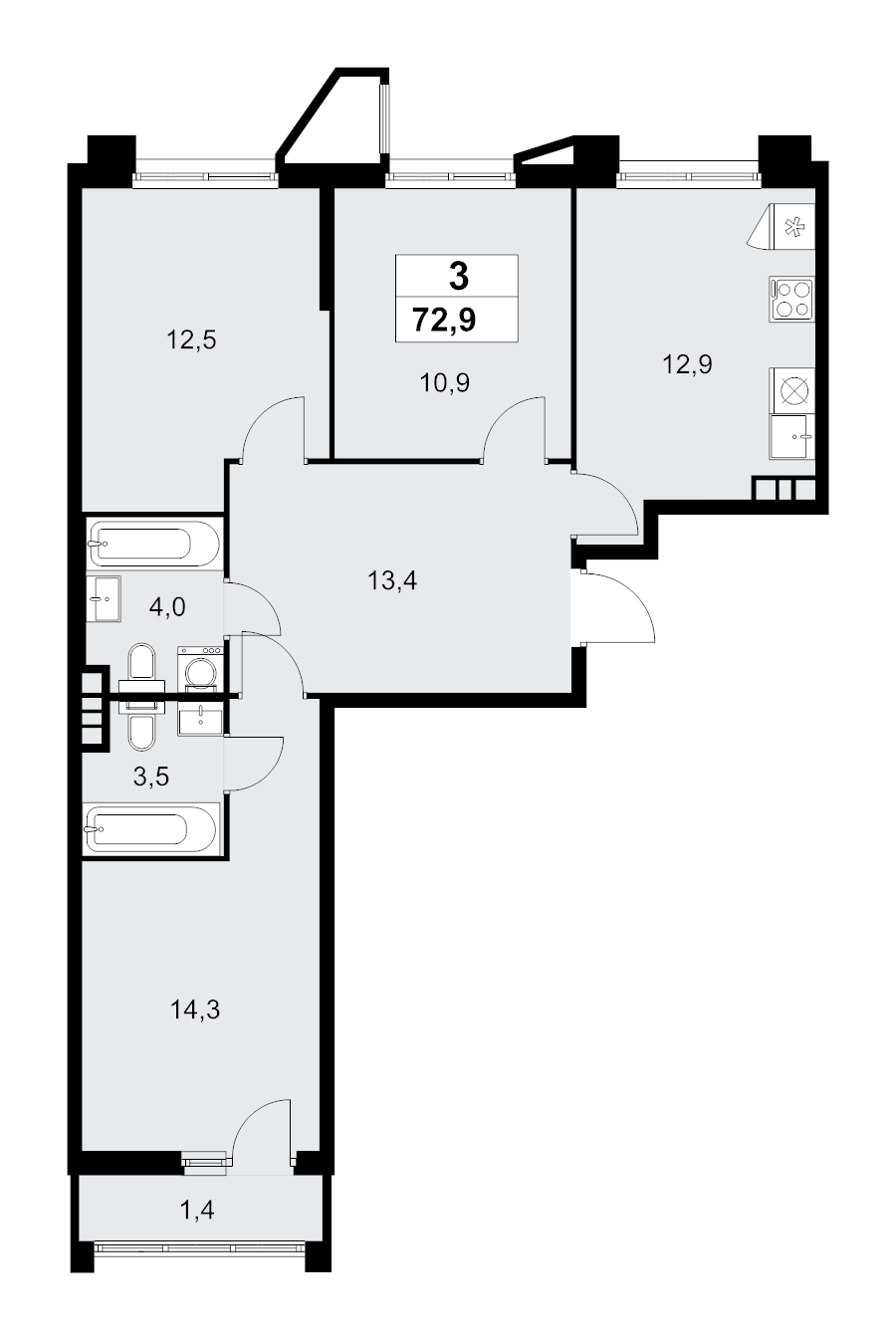 3 ккв 72,9 м²