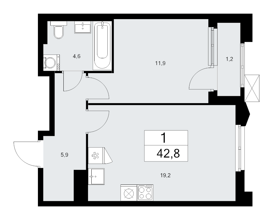 2 ккв (Евро) 42,8 м²