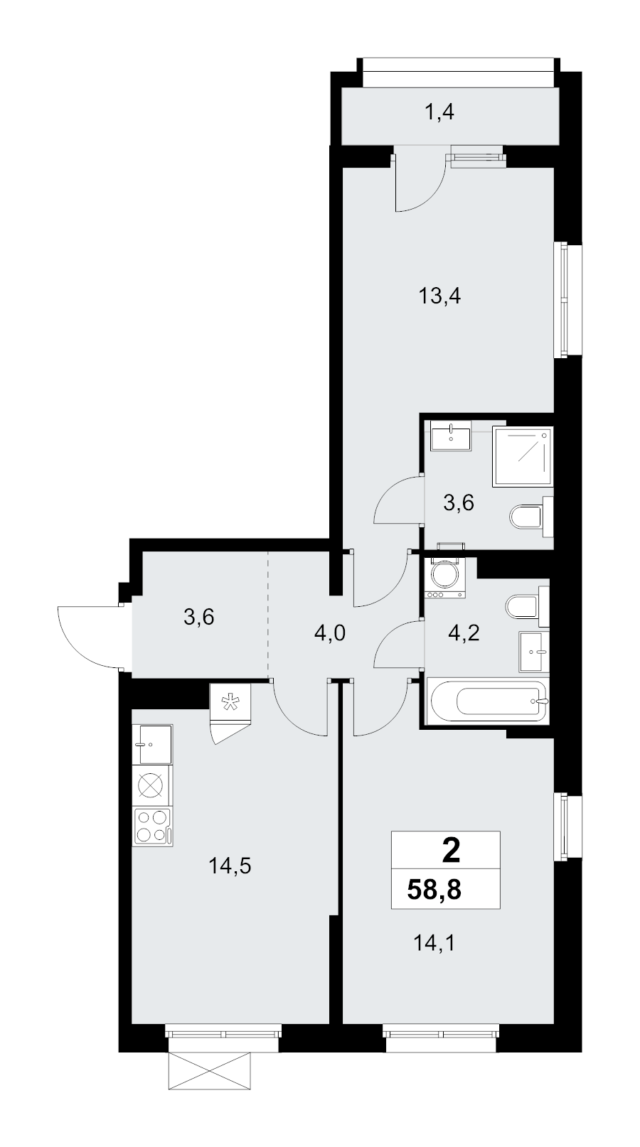 2 ккв 58,8 м²