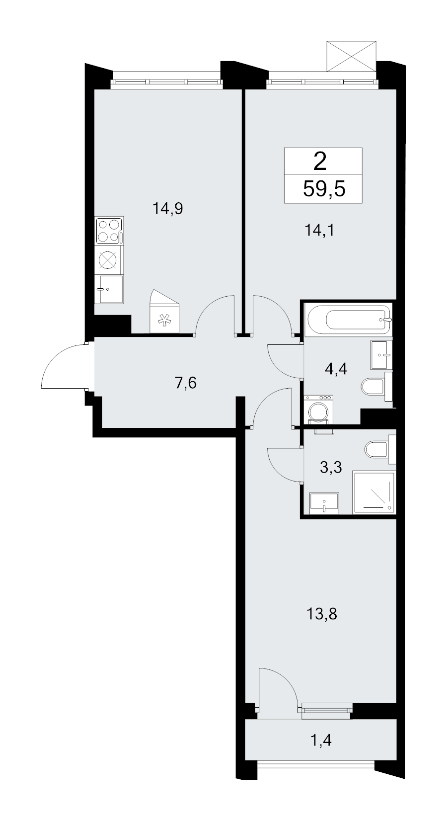 2 ккв 59,5 м²